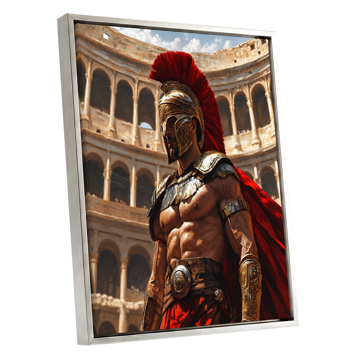 Crimson Centurion, red, gold, beige minimalist wall art shown as a silver framed canvas wall art