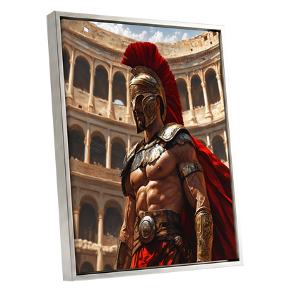 Crimson Centurion, red, gold, beige minimalist wall art shown as a silver framed canvas wall art