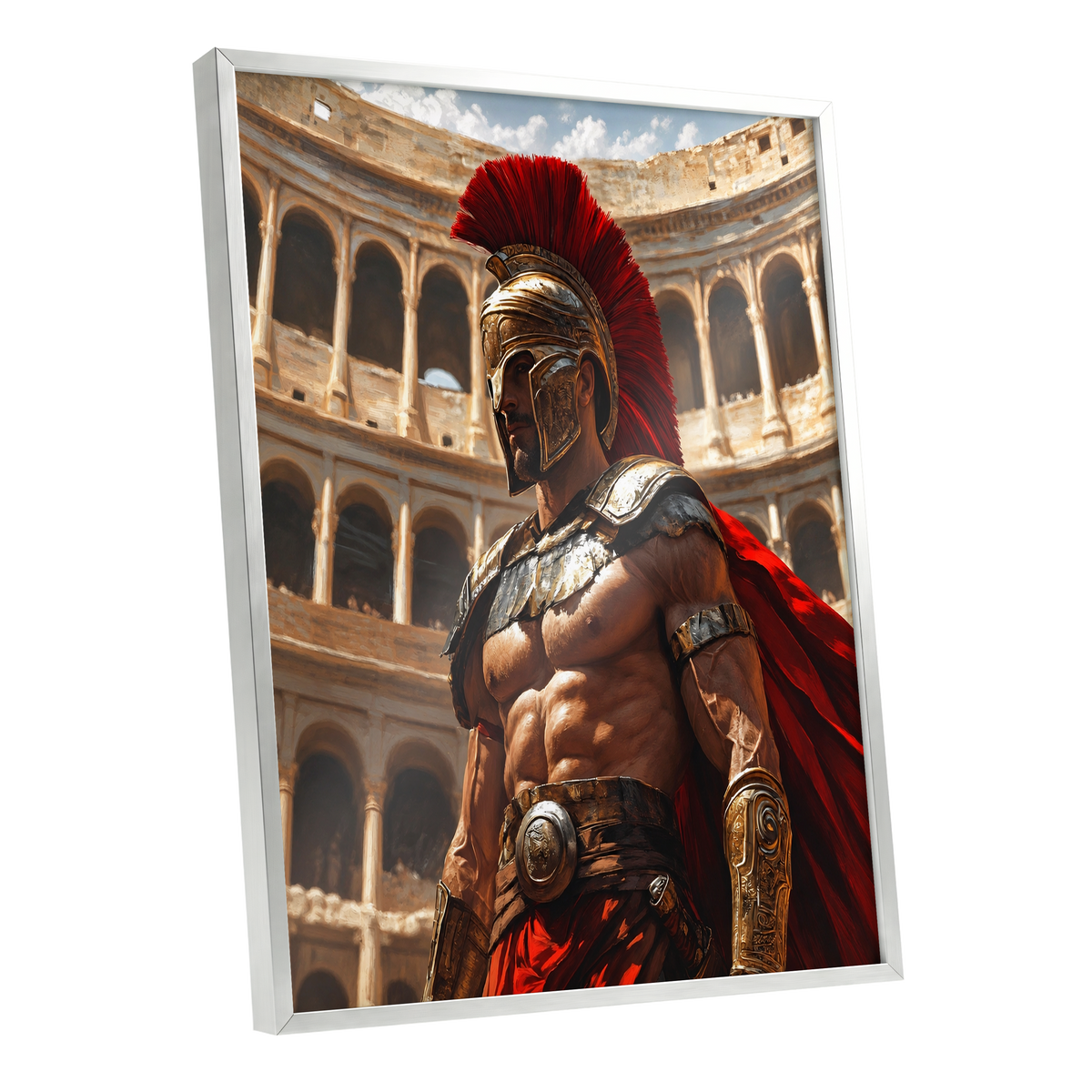 Crimson Centurion, red, gold, beige minimalist wall art shown as a silver framed poster wall art print