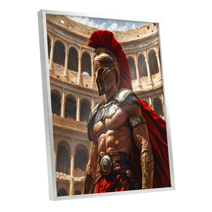 Crimson Centurion, red, gold, beige minimalist wall art shown as a silver framed poster wall art print