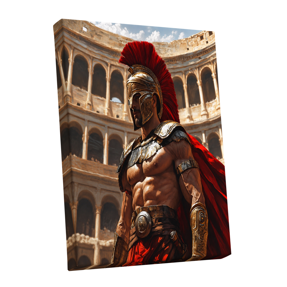 Crimson Centurion, red, gold, beige minimalist wall art shown as a stretched canvas wall art