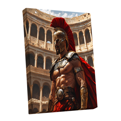 Crimson Centurion, red, gold, beige minimalist wall art shown as a stretched canvas wall art