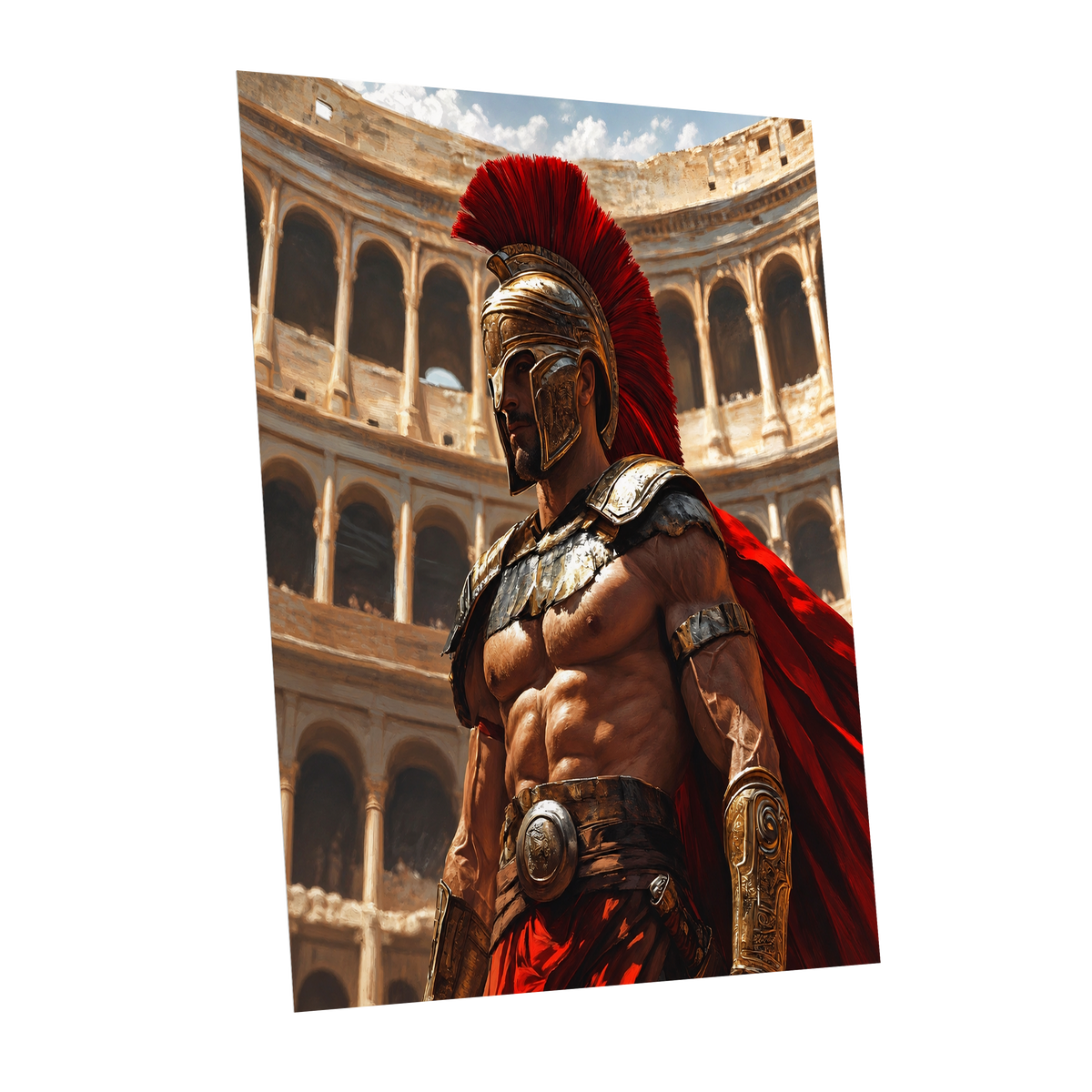 Crimson Centurion, red, gold, beige minimalist wall art shown as a unframed poster wall art print