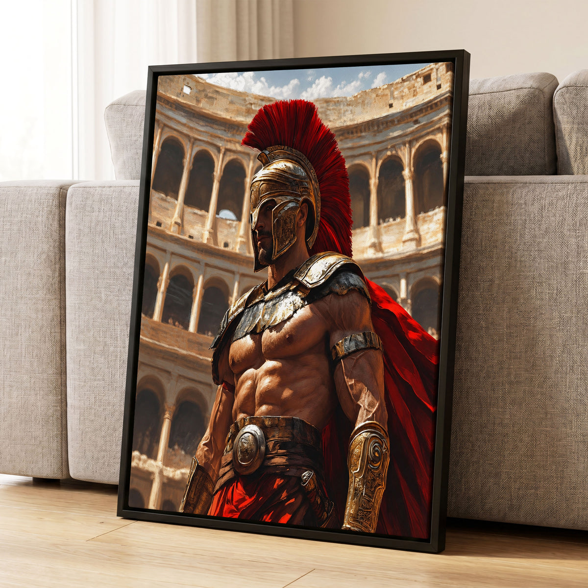 Crimson Centurion, red, gold, beige minimalist wall art displayed in a styled interior, gallery view 1