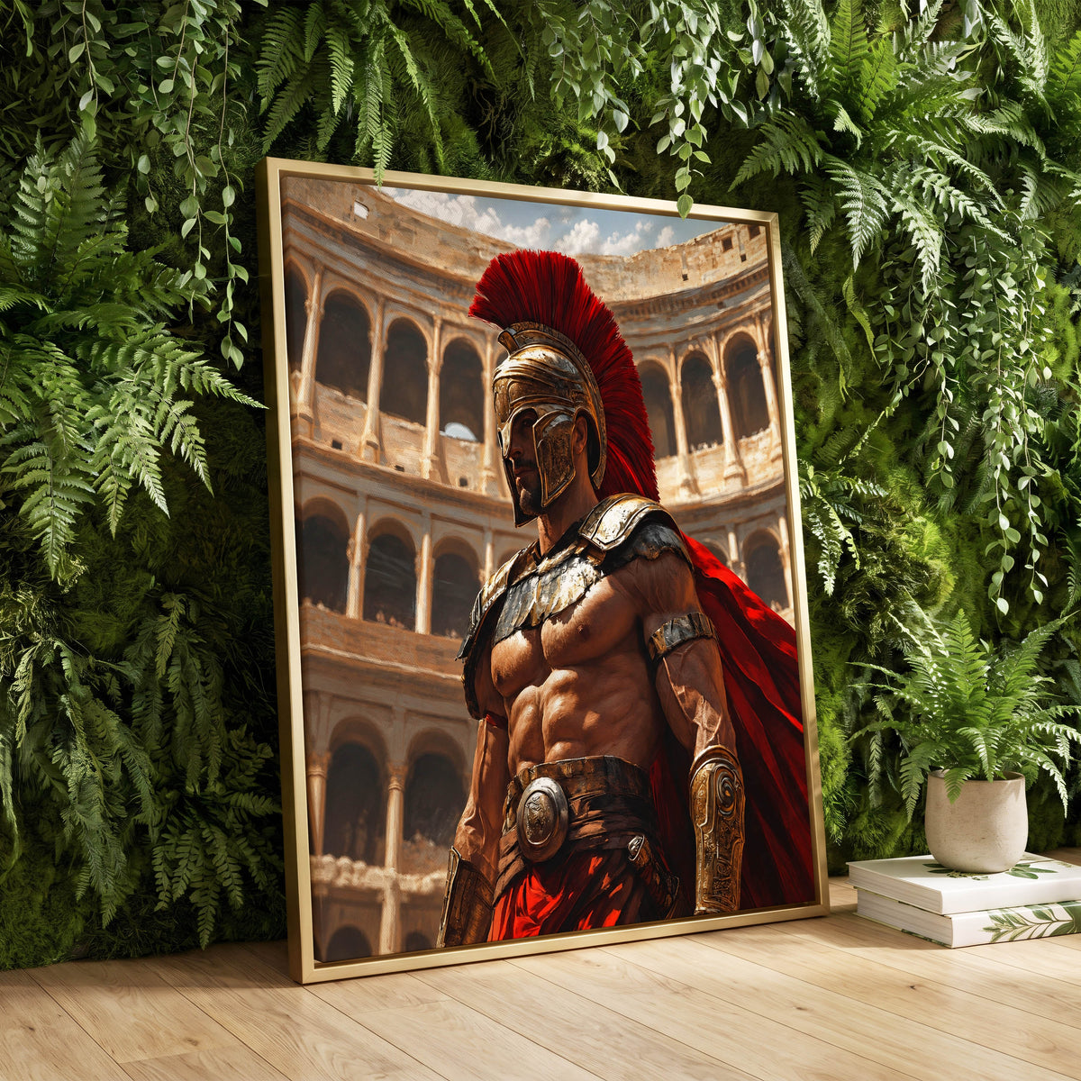 Crimson Centurion, red, gold, beige minimalist wall art displayed in a styled interior, gallery view 2
