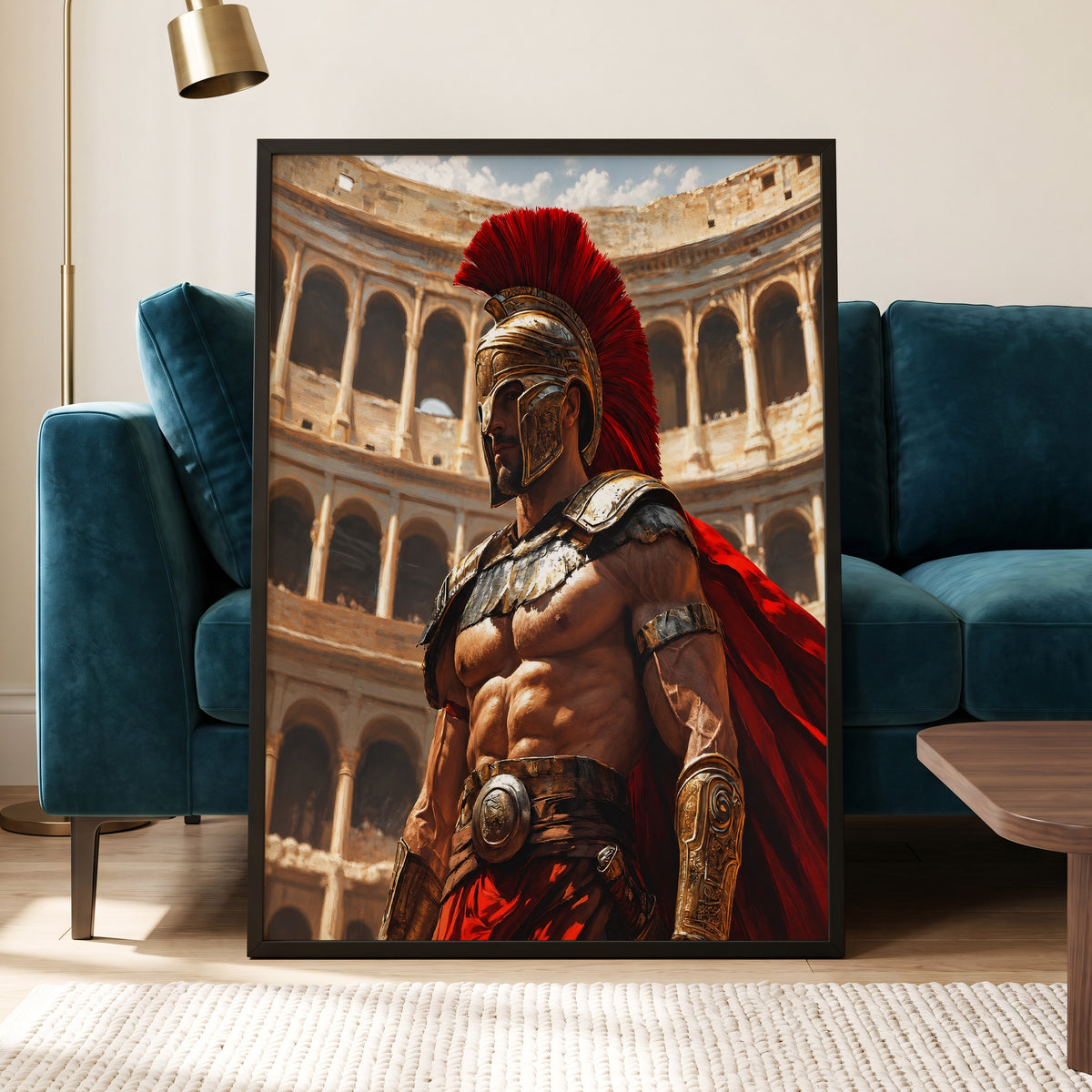 Crimson Centurion, red, gold, beige minimalist wall art displayed in a styled interior, gallery view 4