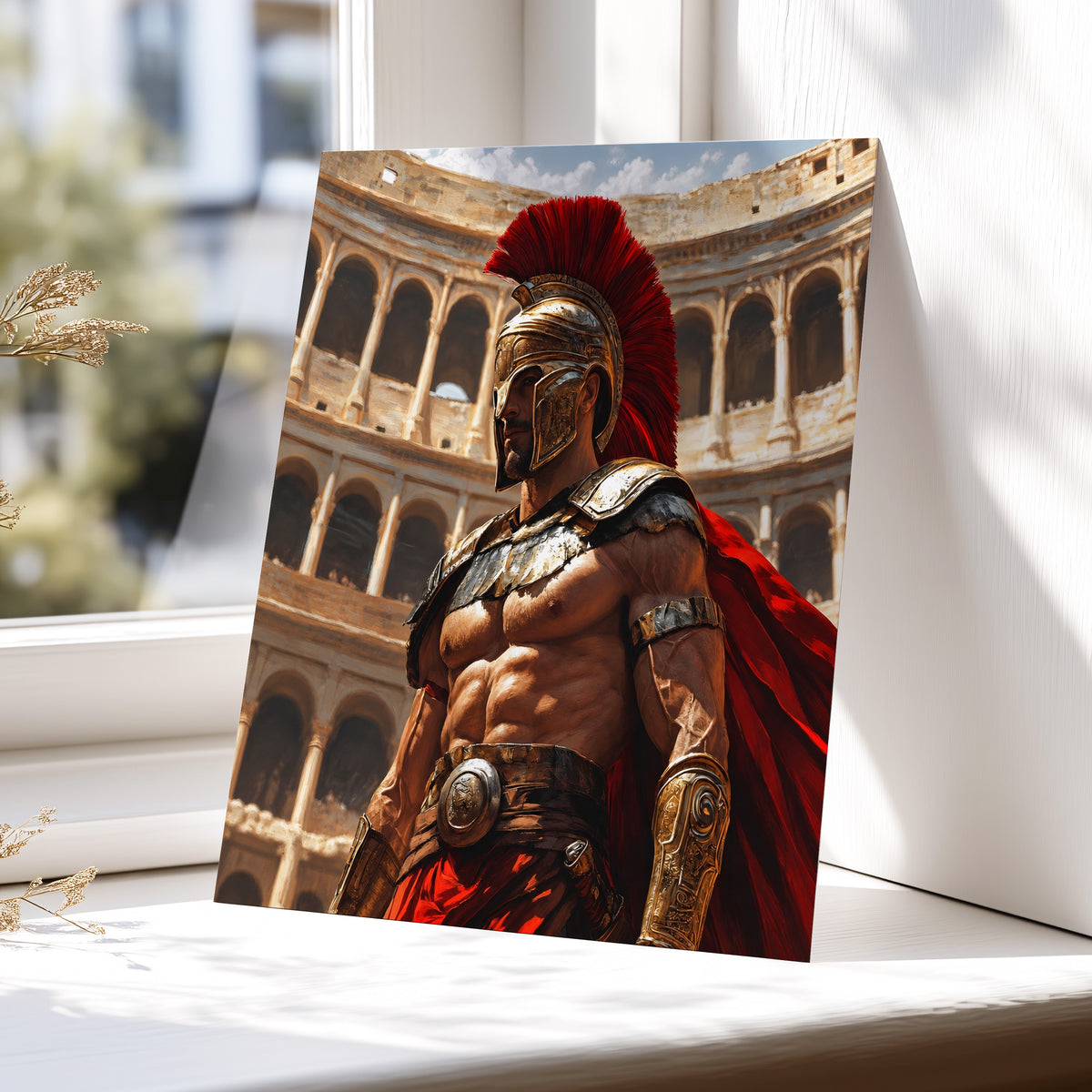 Crimson Centurion, red, gold, beige minimalist wall art displayed in a styled interior, gallery view 5