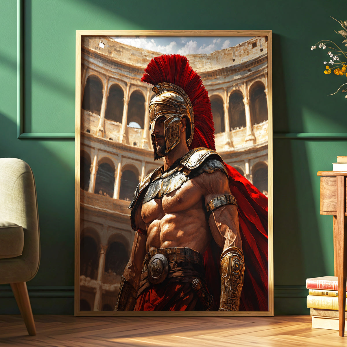 Crimson Centurion, red, gold, beige minimalist wall art displayed in a styled interior, gallery view 6