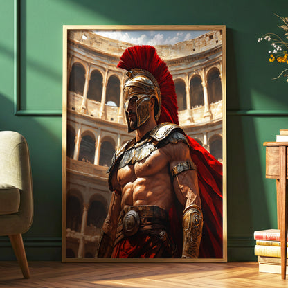 Crimson Centurion, red, gold, beige minimalist wall art displayed in a styled interior, gallery view 6