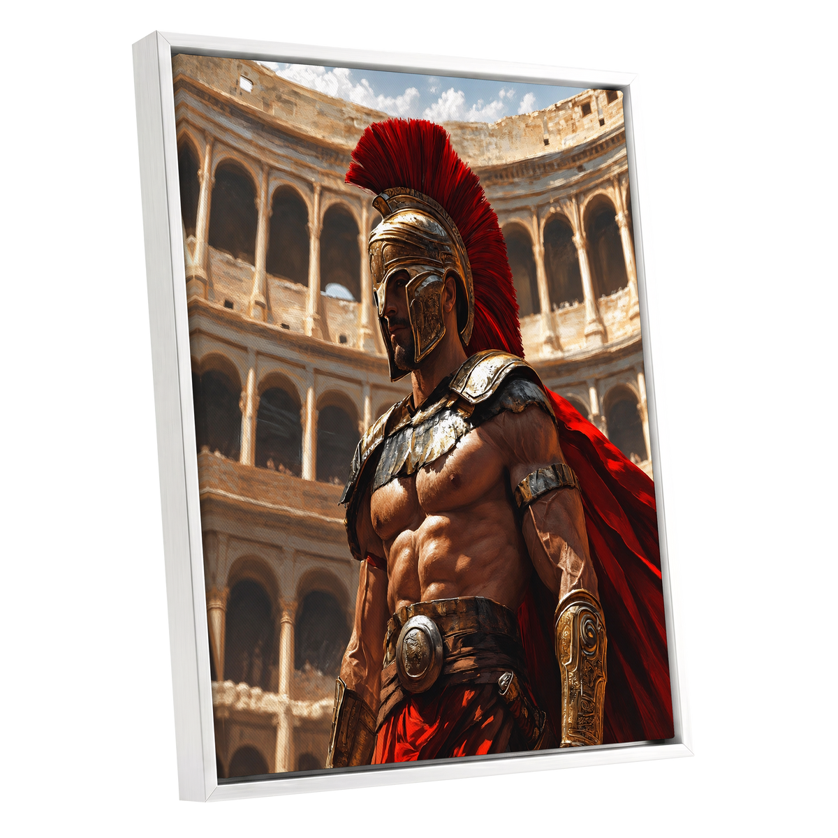 Crimson Centurion, red, gold, beige minimalist wall art shown as a white framed canvas wall art
