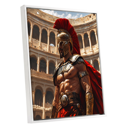Crimson Centurion, red, gold, beige minimalist wall art shown as a white framed canvas wall art