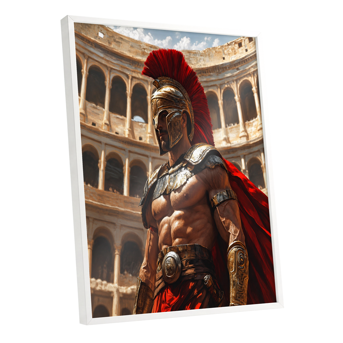 Crimson Centurion, red, gold, beige minimalist wall art shown as a white framed poster wall art print
