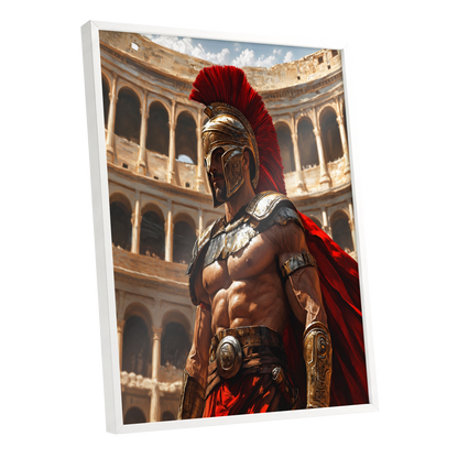 Crimson Centurion, red, gold, beige minimalist wall art shown as a white framed poster wall art print