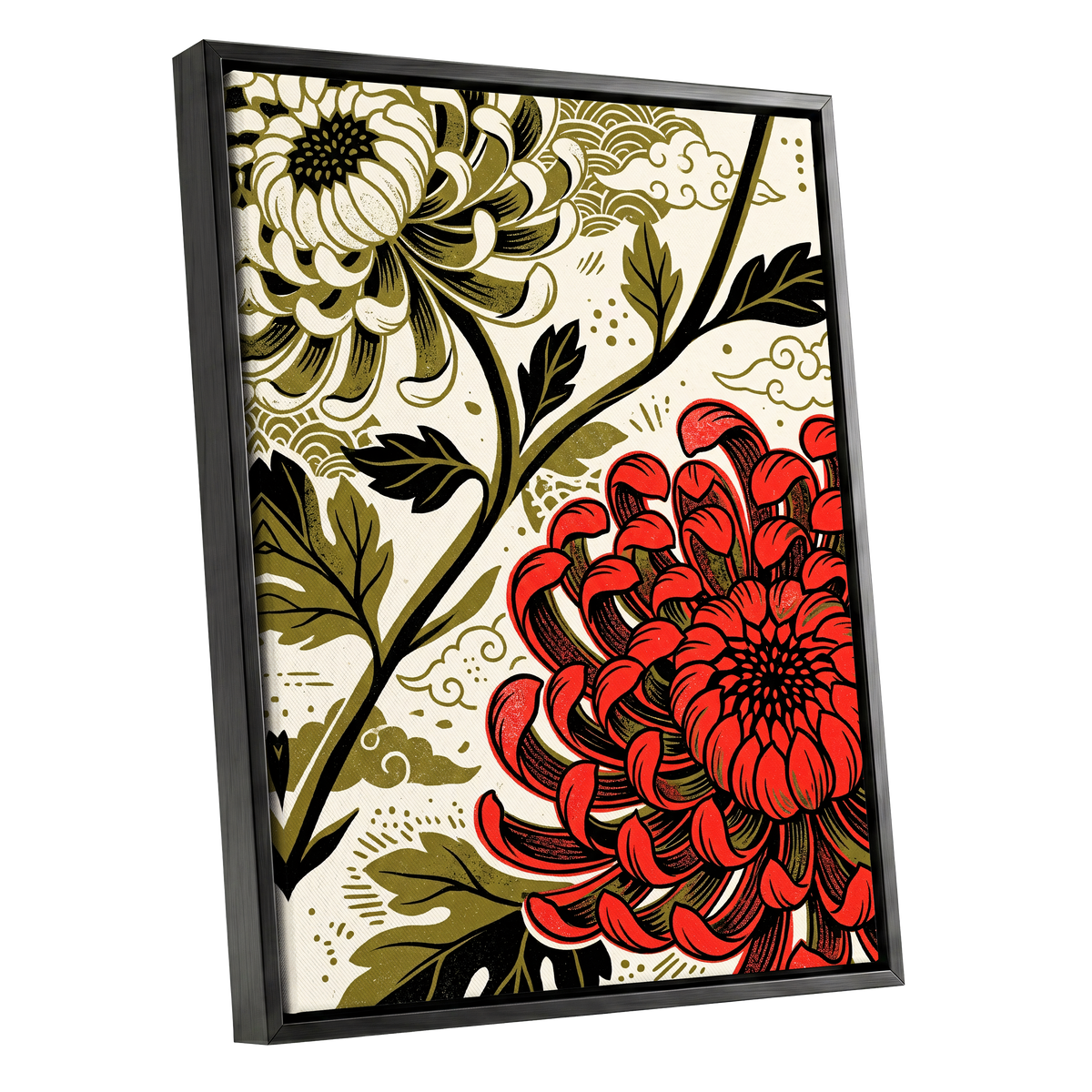Crimson Chrysanthemum, red, black, beige floral wall art shown as a black framed canvas wall art