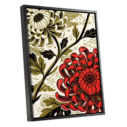 Crimson Chrysanthemum, red, black, beige floral wall art shown as a black framed canvas wall art