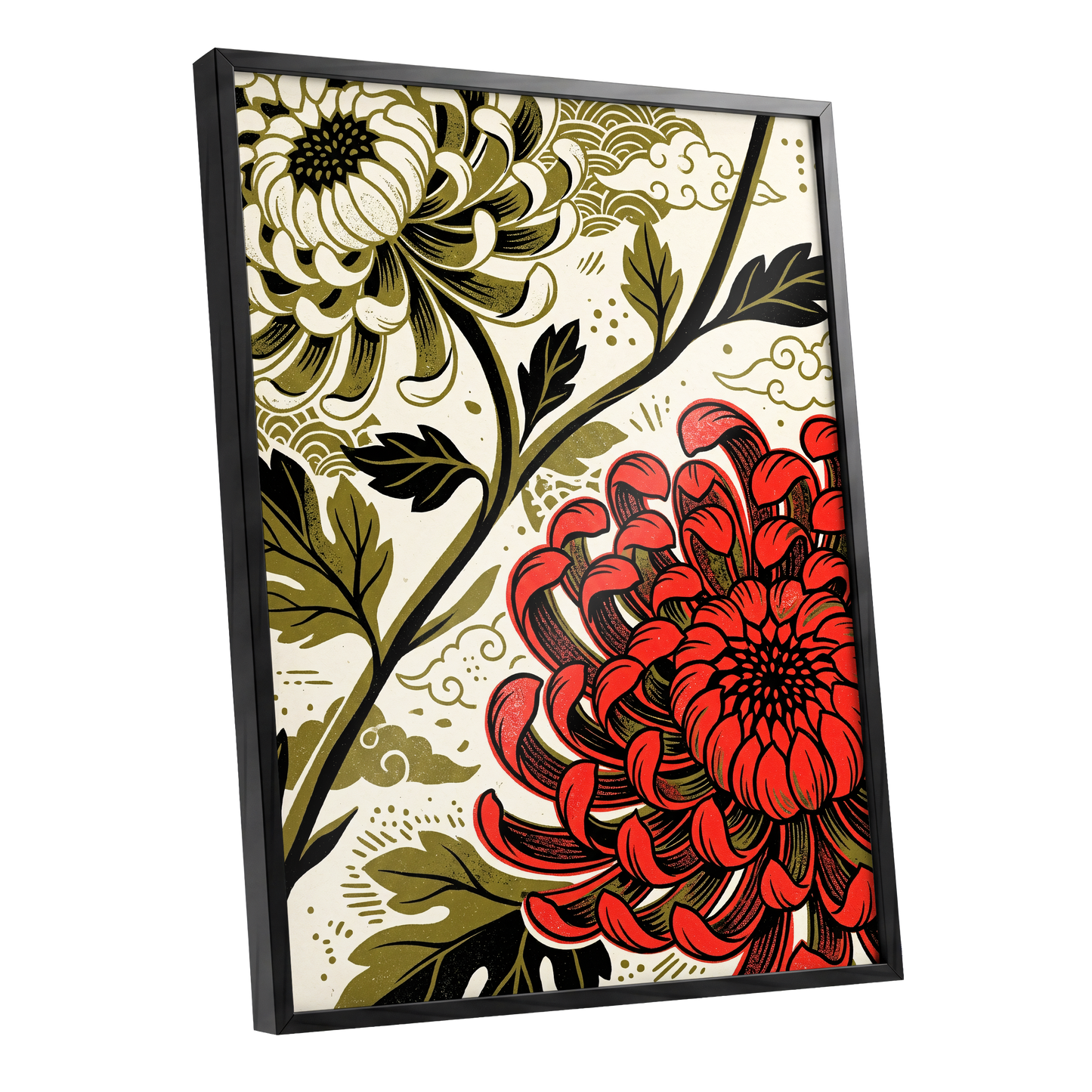 Crimson Chrysanthemum, red, black, beige floral wall art shown as a black framed poster wall art print