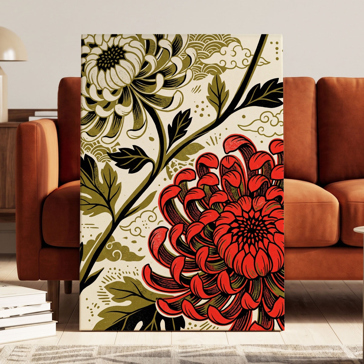 Crimson Chrysanthemum, red, black, beige floral wall art on canvas displayed in a styled interior, gallery view 1