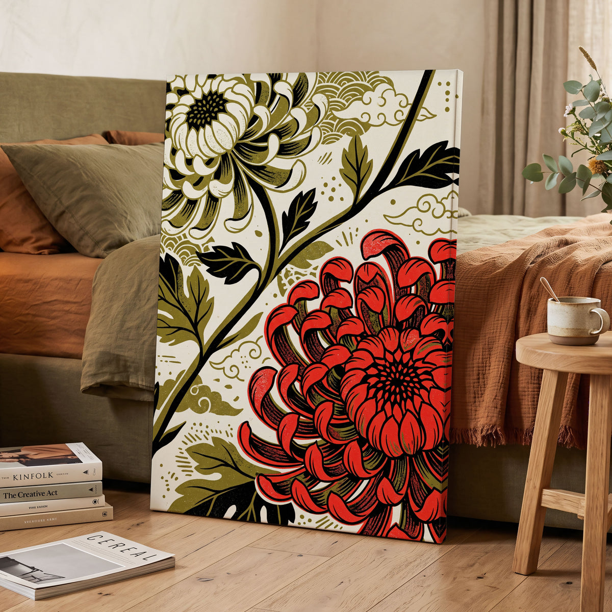 Crimson Chrysanthemum, red, black, beige floral wall art on canvas displayed in a styled interior, gallery view 2