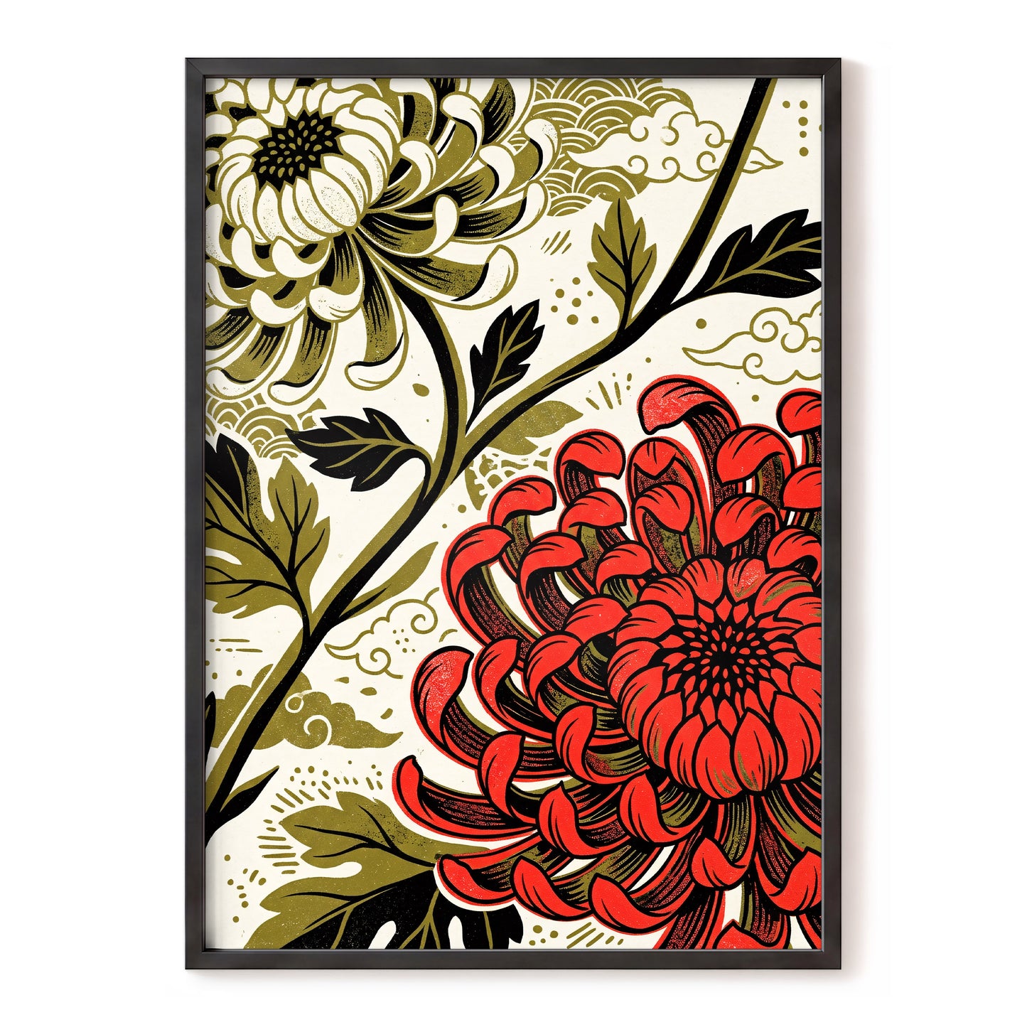 Crimson Chrysanthemum, red, black, beige floral wall art, front artwork view