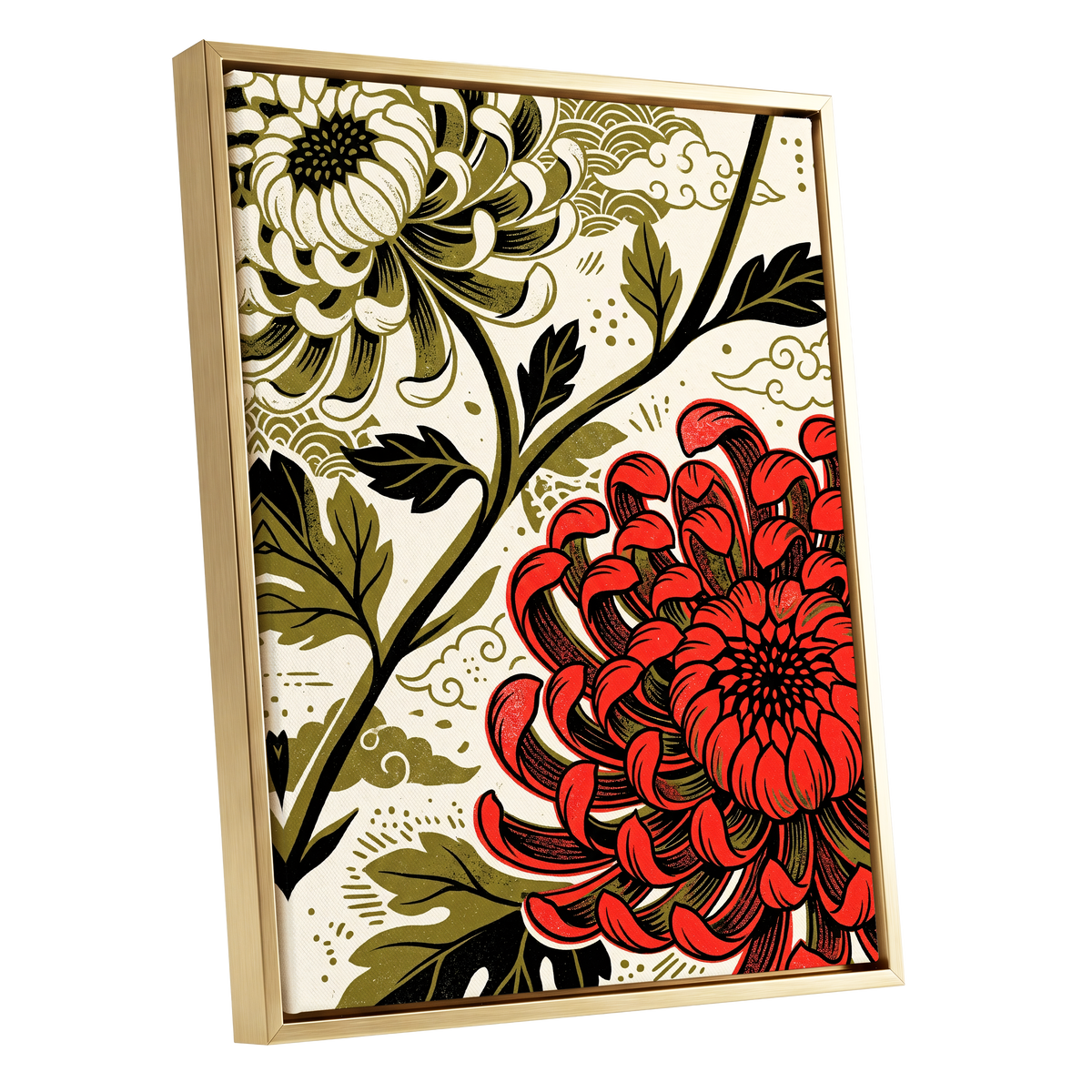 Crimson Chrysanthemum, red, black, beige floral wall art shown as a gold framed canvas wall art