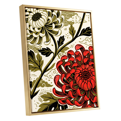 Crimson Chrysanthemum, red, black, beige floral wall art shown as a gold framed canvas wall art