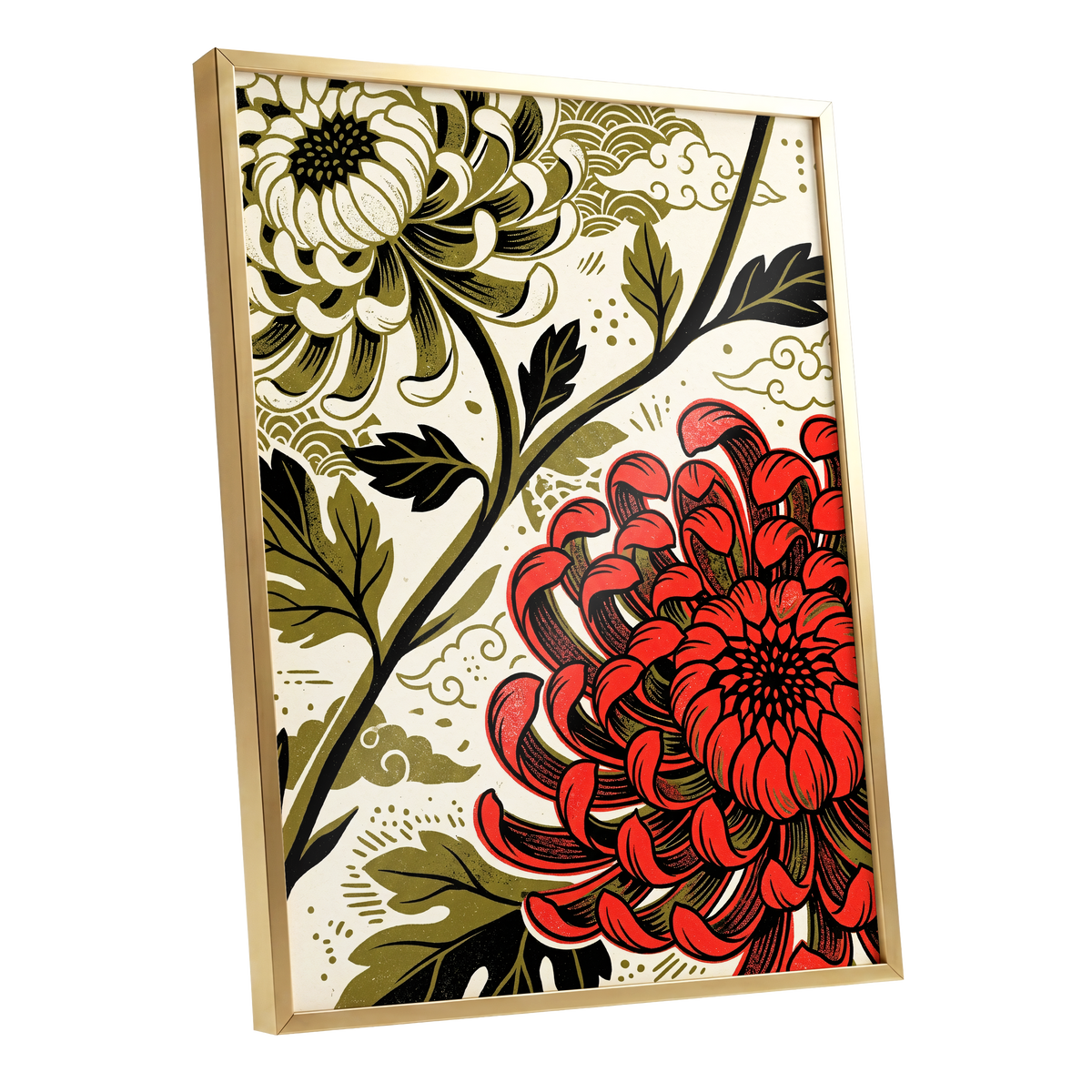 Crimson Chrysanthemum, red, black, beige floral wall art shown as a gold framed poster wall art print