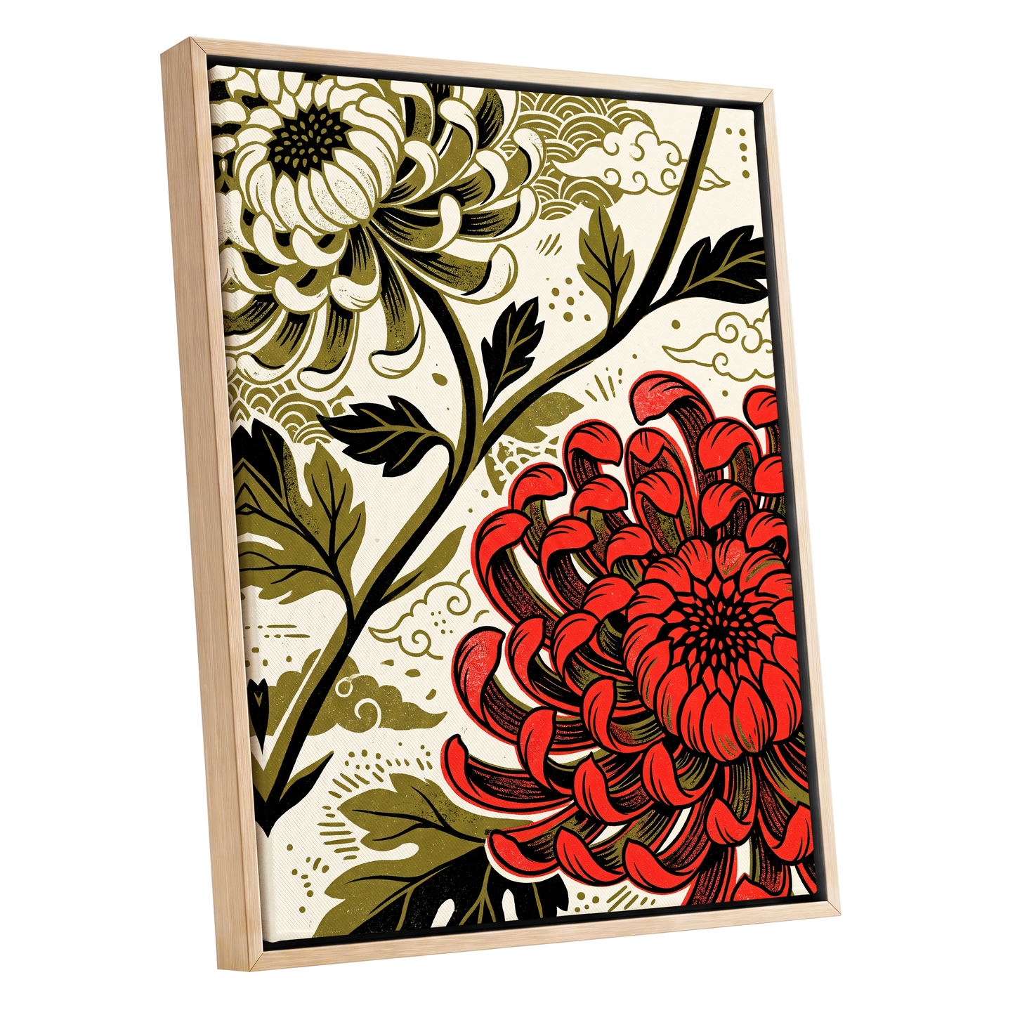 Crimson Chrysanthemum, red, black, beige floral wall art shown as a oak framed canvas wall art