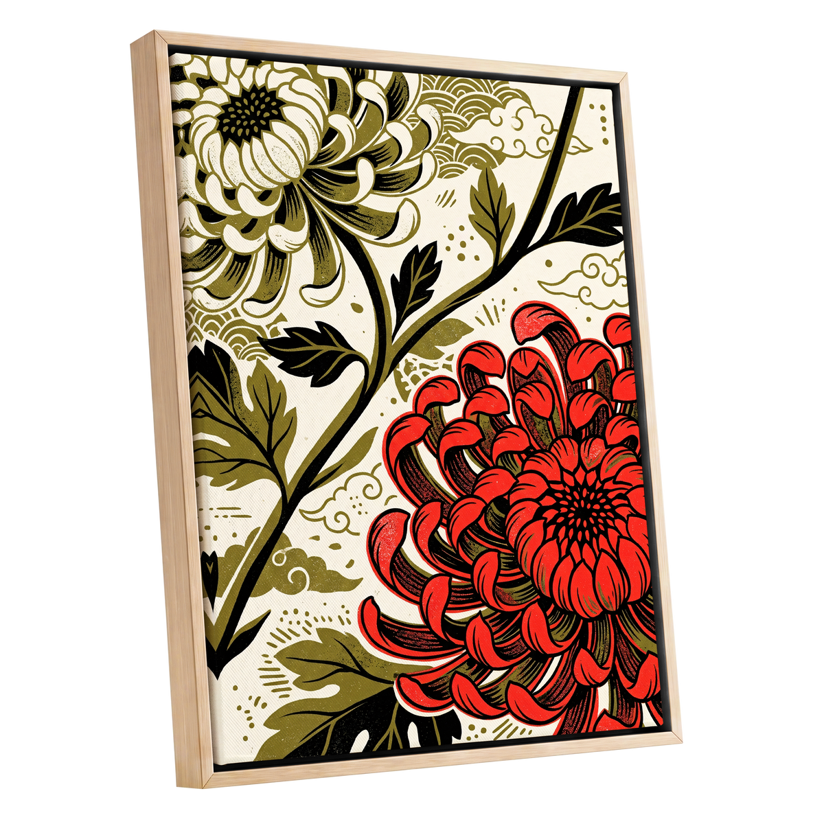 Crimson Chrysanthemum, red, black, beige floral wall art shown as a oak framed canvas wall art