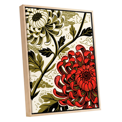 Crimson Chrysanthemum, red, black, beige floral wall art shown as a oak framed canvas wall art