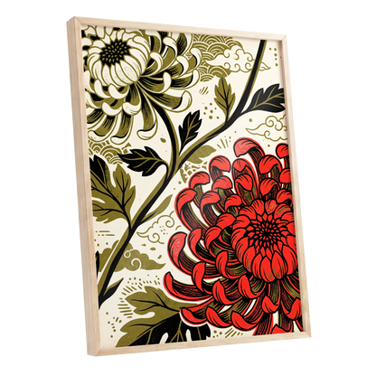 Crimson Chrysanthemum, red, black, beige floral wall art shown as a oak framed poster wall art print