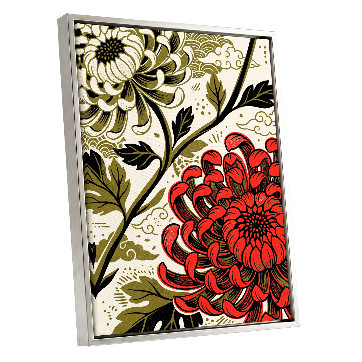 Crimson Chrysanthemum, red, black, beige floral wall art shown as a silver framed canvas wall art