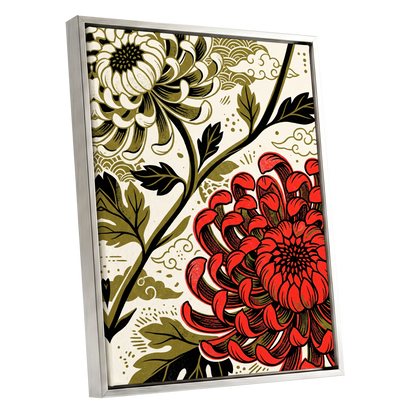 Crimson Chrysanthemum, red, black, beige floral wall art shown as a silver framed canvas wall art