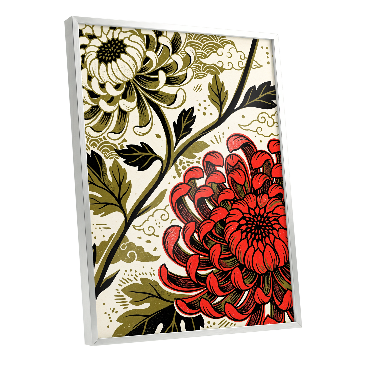 Crimson Chrysanthemum, red, black, beige floral wall art shown as a silver framed poster wall art print