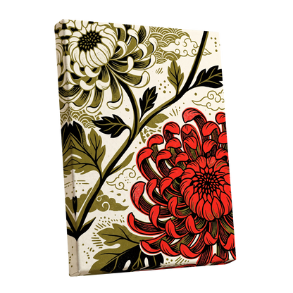 Crimson Chrysanthemum, red, black, beige floral wall art shown as a stretched canvas wall art