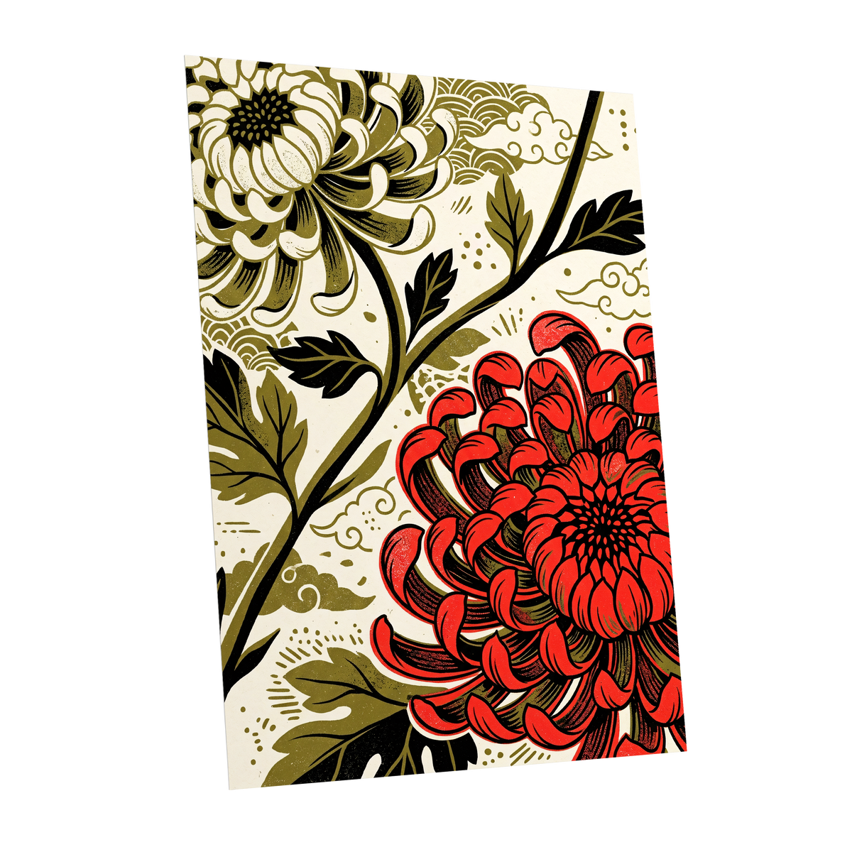 Crimson Chrysanthemum, red, black, beige floral wall art shown as a unframed poster wall art print