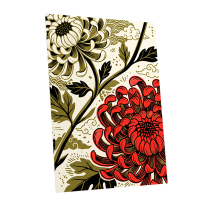 Crimson Chrysanthemum, red, black, beige floral wall art shown as a unframed poster wall art print
