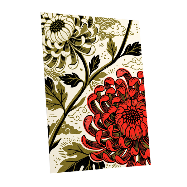 Crimson Chrysanthemum, red, black, beige floral wall art shown as a unframed poster wall art print