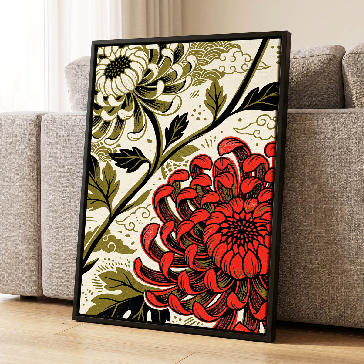 Crimson Chrysanthemum, red, black, beige floral wall art displayed in a styled interior, gallery view 1