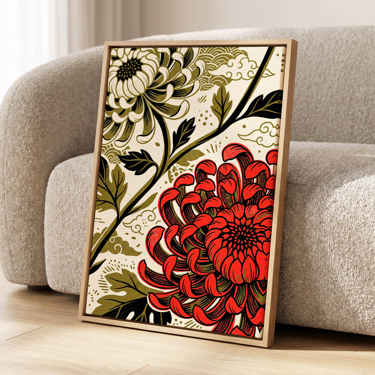 Crimson Chrysanthemum, red, black, beige floral wall art displayed in a styled interior, gallery view 2