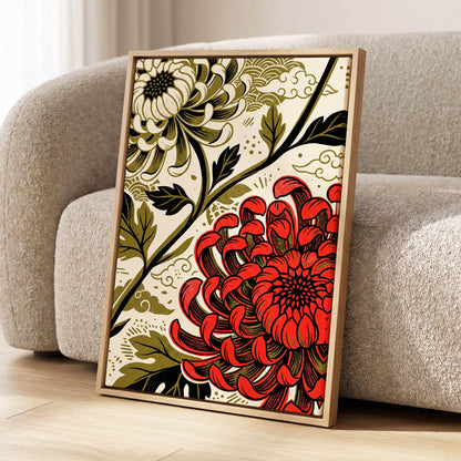 Crimson Chrysanthemum, red, black, beige floral wall art displayed in a styled interior, gallery view 2