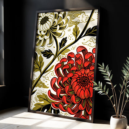 Crimson Chrysanthemum, red, black, beige floral wall art displayed in a styled interior, gallery view 3