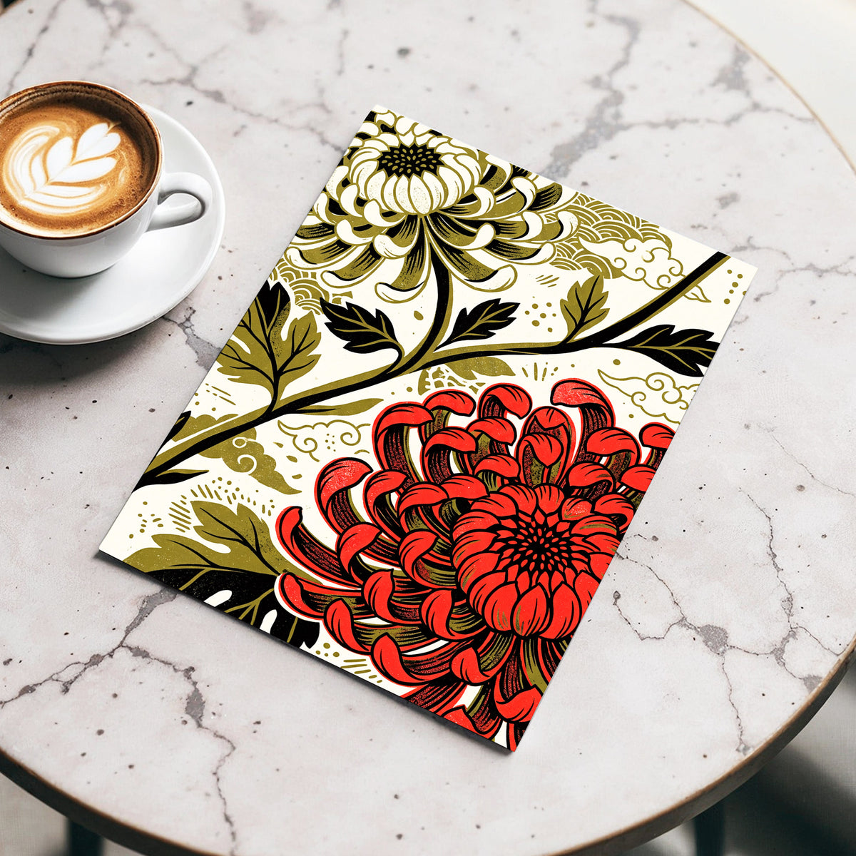 Crimson Chrysanthemum, red, black, beige floral wall art displayed in a styled interior, gallery view 4