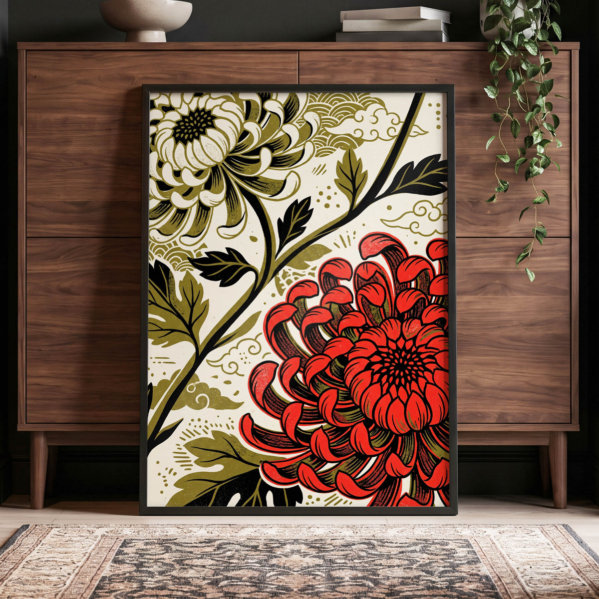 Crimson Chrysanthemum, red, black, beige floral wall art displayed in a styled interior, gallery view 5