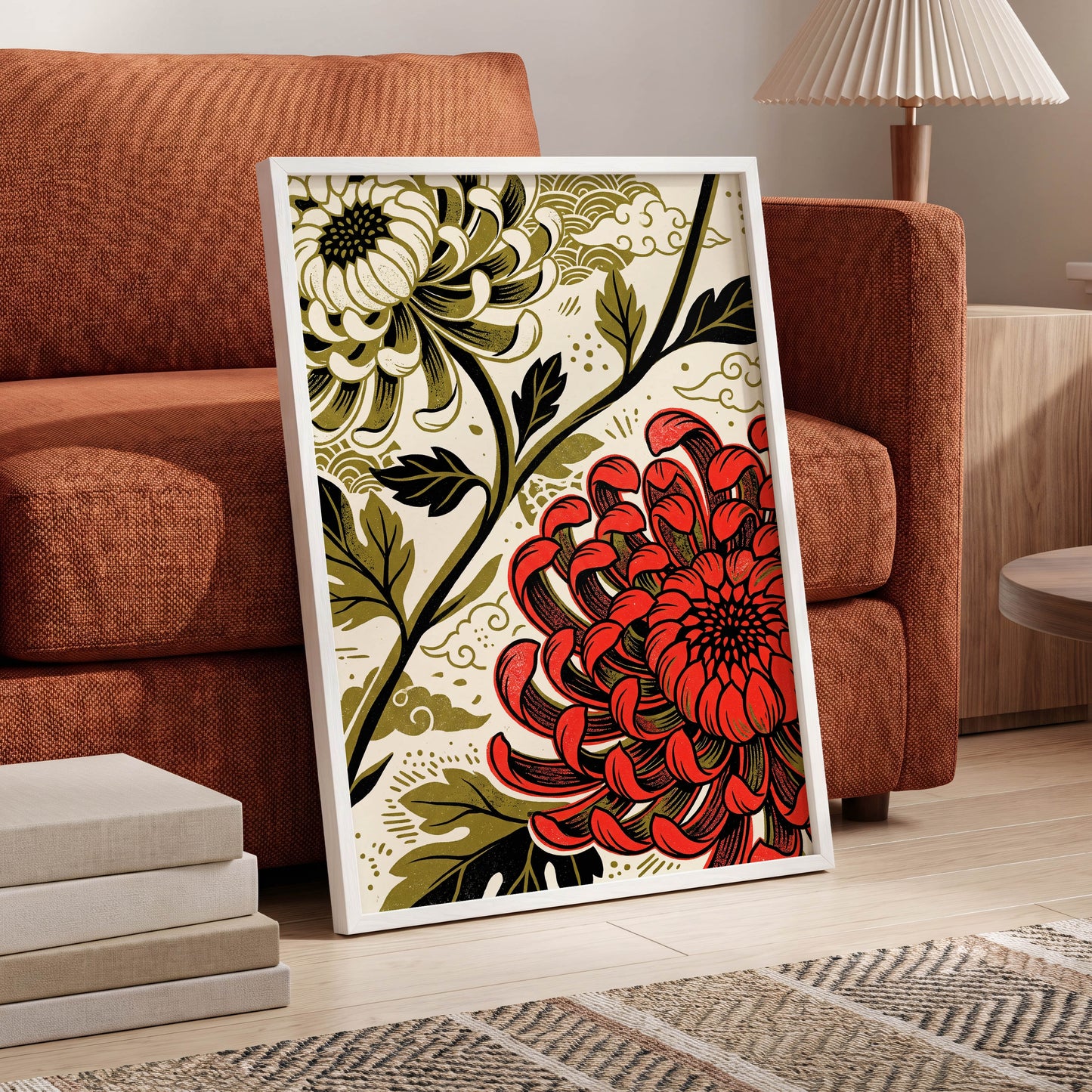 Crimson Chrysanthemum, red, black, beige floral wall art displayed in a styled interior, gallery view 6