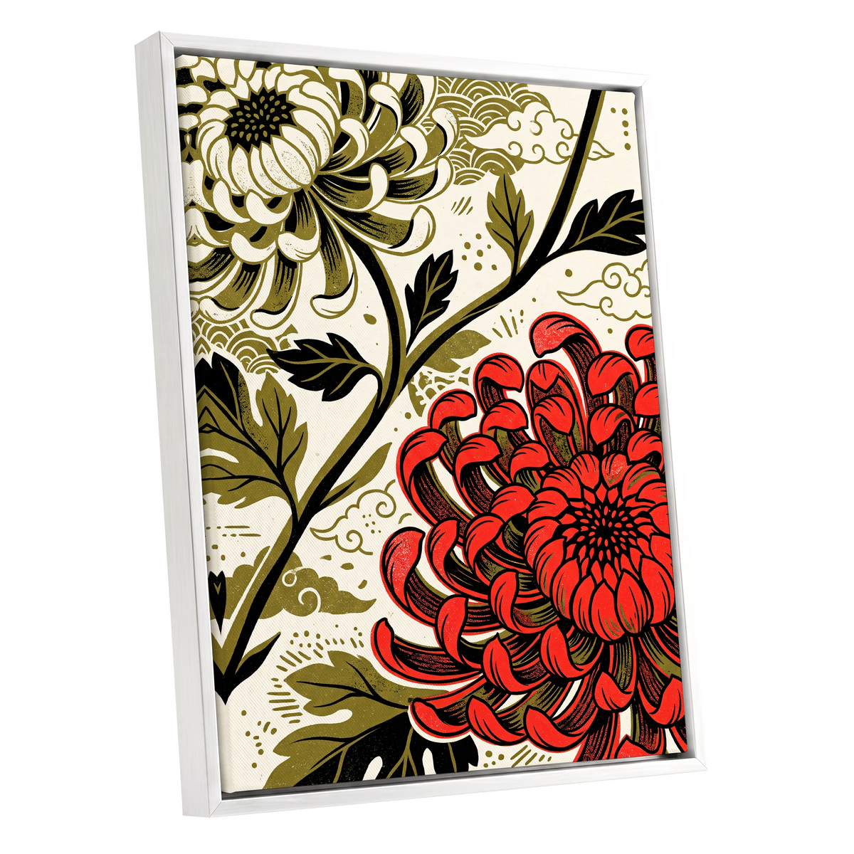 Crimson Chrysanthemum, red, black, beige floral wall art shown as a white framed canvas wall art