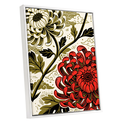 Crimson Chrysanthemum, red, black, beige floral wall art shown as a white framed canvas wall art