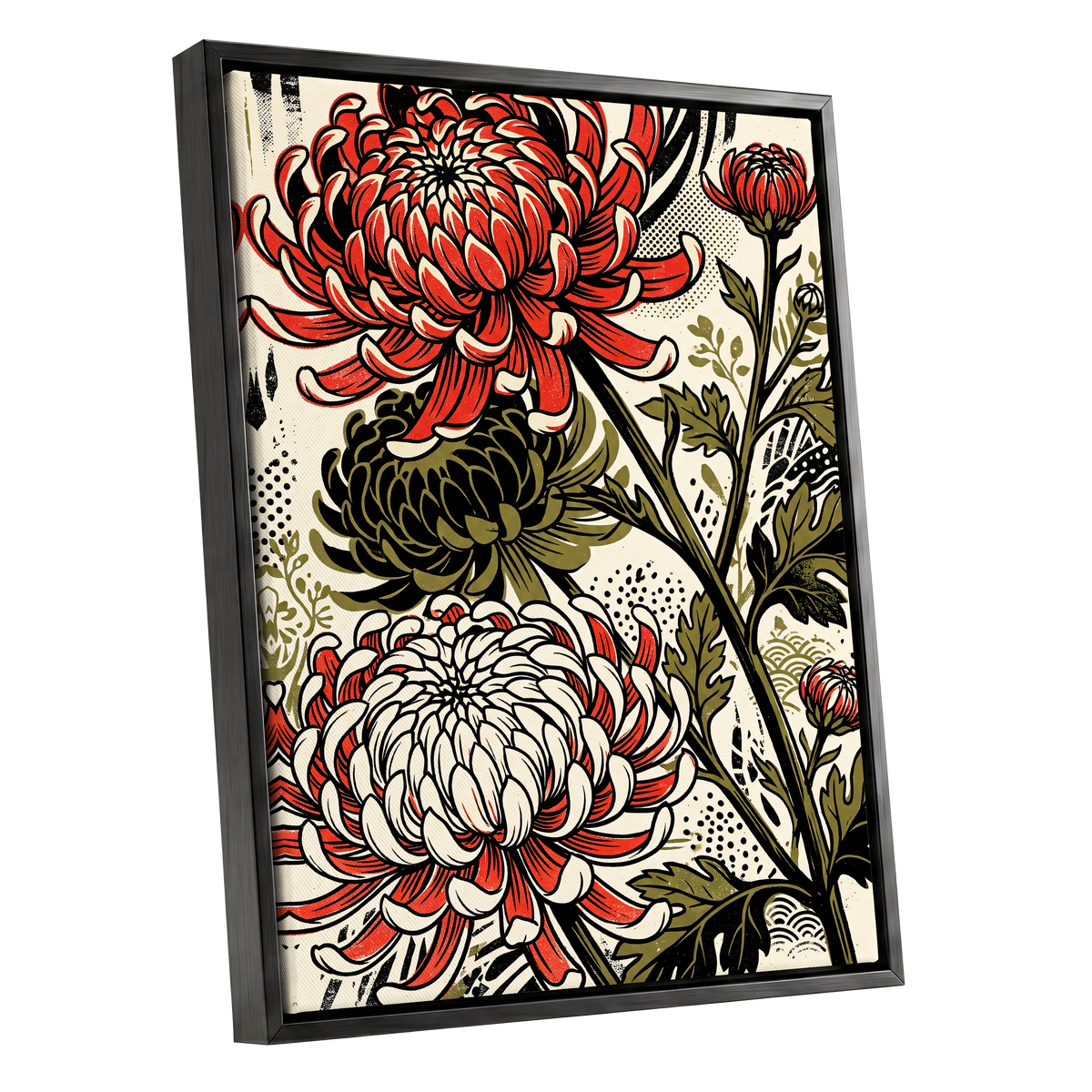 Crimson Chrysanthemums, red, black, beige floral wall art shown as a black framed canvas wall art