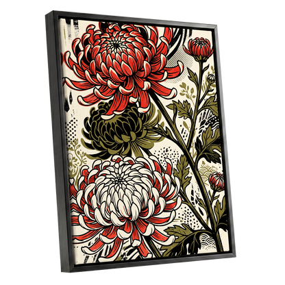 Crimson Chrysanthemums, red, black, beige floral wall art shown as a black framed canvas wall art