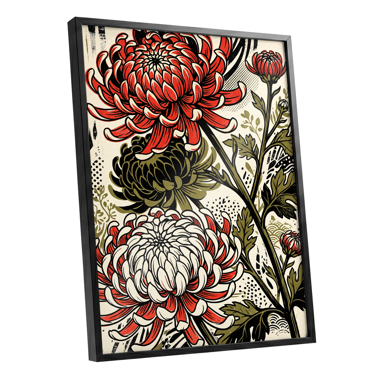 Crimson Chrysanthemums, red, black, beige floral wall art shown as a black framed poster wall art print