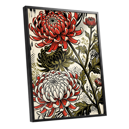 Crimson Chrysanthemums, red, black, beige floral wall art shown as a black framed poster wall art print